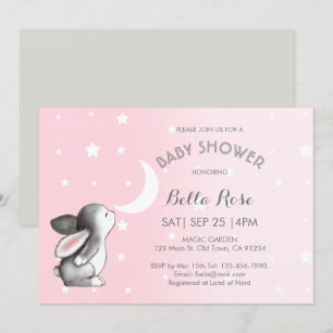 Invitation Lune rose Gris Étoiles Bunny Baby Shower Invitatio
