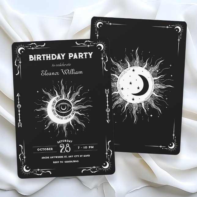 Invitation Lune soleil tarot céleste noir blanc anniversaire (Créateur téléchargé)