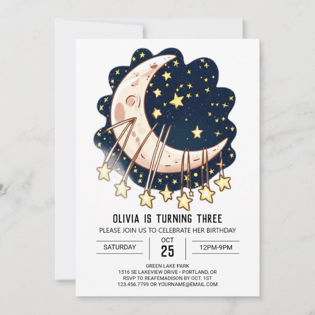 Invitation Lune tombant étoiles numérique Anniversaire (Devant)