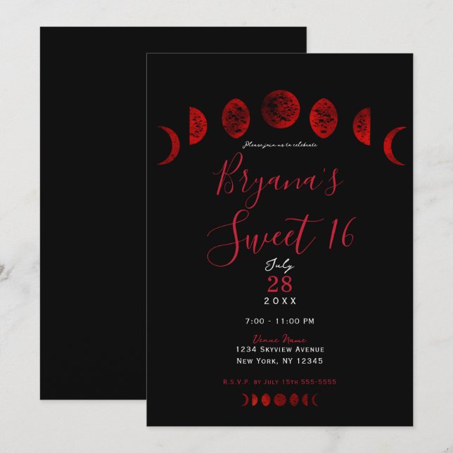 Invitation Lunes noires phases rouge foncé gothique mariage d (Devant / Derrière)