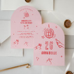 Invitation lunette dessinée à la main arche boisson d'anniver<br><div class="desc">Boisson d'anniversaire à la main rose et rouge blanc dessiné à la main modifiable cocktail disco balle arc coquette invitation de la fête.</div>