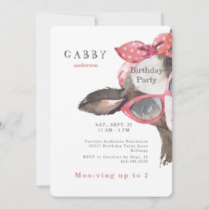 Invitation Lunettes 2ème anniversaire sur vache rose rose