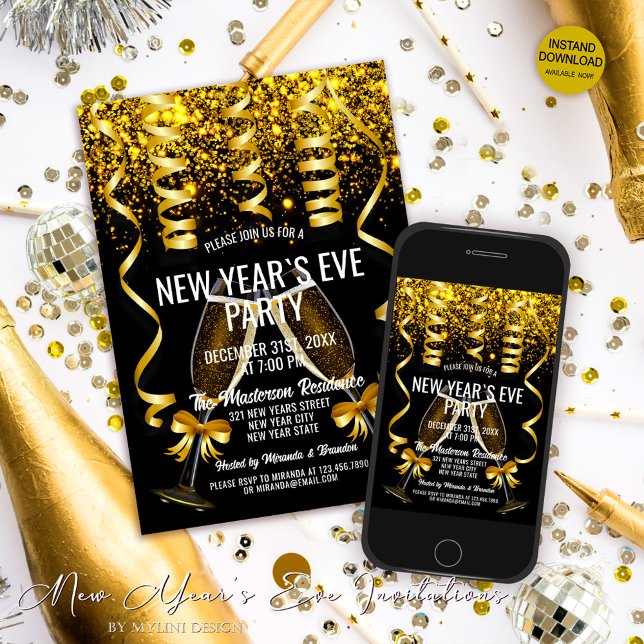 Invitation Lunettes de Champagne d'or élégantes Réveillon du  (Créateur téléchargé)