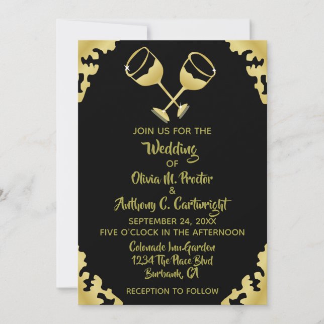 Invitation Lunettes de Champagne d'or Mariage noir et or Invi (Devant)