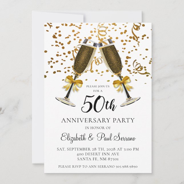Invitation Lunettes de Champagne Gold Confetti 50e anniversai (Devant)