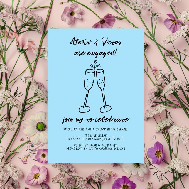 Invitation Lunettes de Champagne Soirée sur mesure (Champagne Glasses Cheers Custom Engagement Party Invitation Blue Hand Drawn Doodle
)
