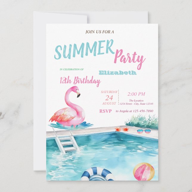 Invitation Lunettes de piscine flamants roses fête d'annivers (Devant)