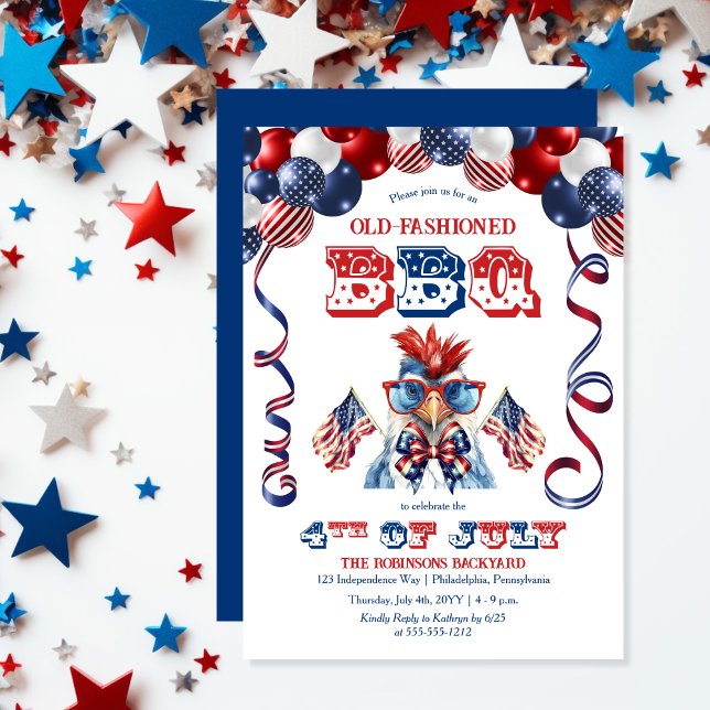 Invitation Lunettes de soleil de poulet patriotique 4 juillet (Balloon Arch and Cute Cool Chicken Sporting Sunglasses 4th of July BBQ Invitation)