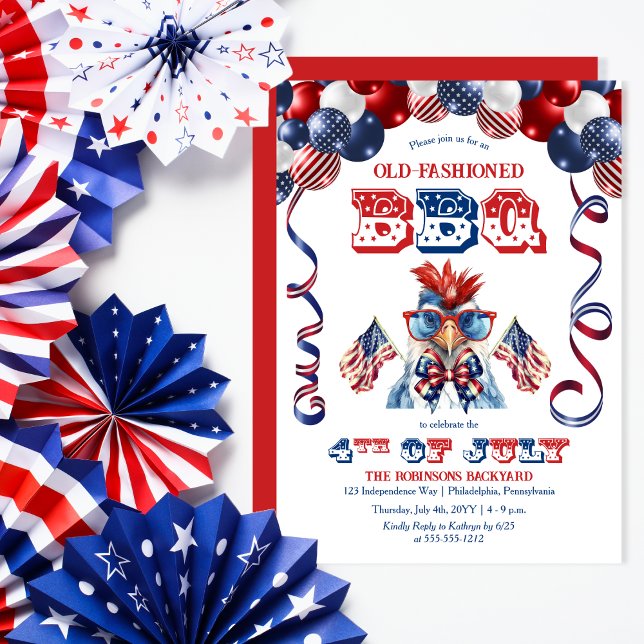 Invitation Lunettes de soleil de poulet patriotique 4 juillet (Balloon Arch and Cute Cool Chicken Sporting Sunglasses 4th of July BBQ Invitation)
