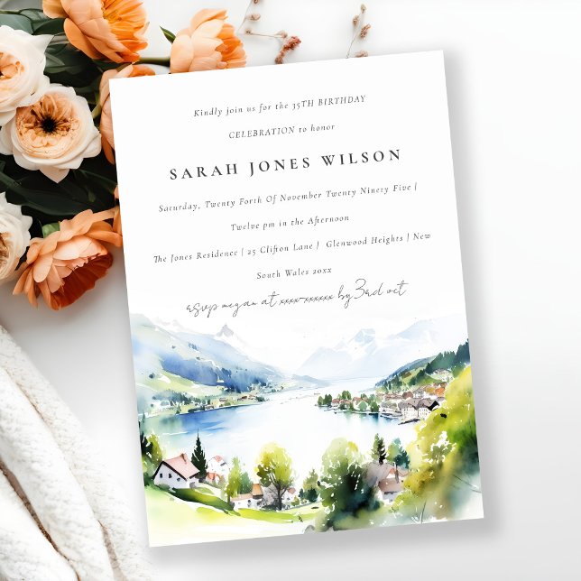 Invitation Lungern Suisse Paysage Aquarelle Anniversaire (Créateur téléchargé)