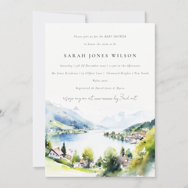 Invitation Lungern Switzerland Watercolor Baby Shower (Devant)