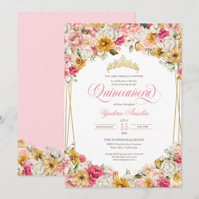 Invitation Lush Blush Rose Jaune Floral Élégant Quinceanera (Devant / Derrière)