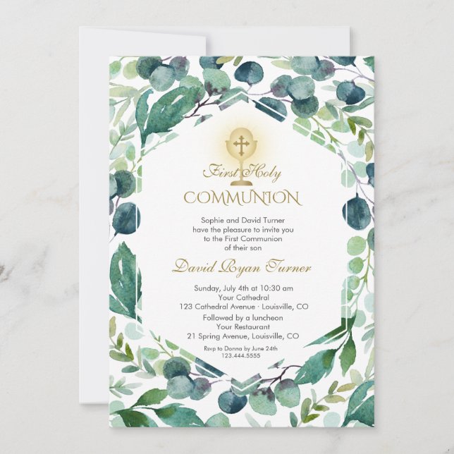 Invitation Lush Eucalyptus Foliage Gold Holy Communion (Devant)