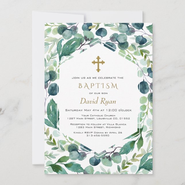 Invitation Lush Eucalyptus Frame Gold Cross Boy Baptême garço (Devant)