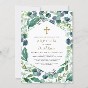 Invitation Lush Eucalyptus Frame Gold Cross Boy Baptême garço