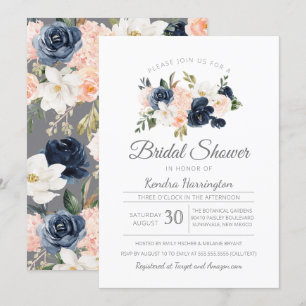 Invitation Lush Magnolia Floral Navy Fête des mariées bleu ro