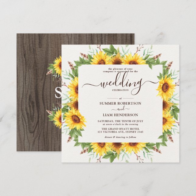 Invitation Lush Russe Aquarelle Mariage de tournesols (Devant / Derrière)