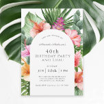 Invitation Lush Tropical Floral 40e anniversaire fête et Luau<br><div class="desc">Un design tropical luxuriant 40ème anniversaire avec des éléments colorés aquarelle fleuris qui comprennent des fleurs d'hibiscus, des fleurs de gingembre et une variété de feuillage tropical autour d'un cadre élégant voûté. L'apparence est vibrante et vivante et donne le ton de votre célébration dans le style aloha. Un cadre voûté...</div>