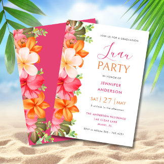 Invitation Lush Tropical Floral Graduation Luau Pink