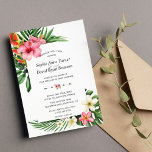 Invitation Lush Tropical Garden Flowers Bloom Wedding<br><div class="desc">Modern and elegant design featuring gorgeous watercolour tropical flowers (hibiscus,  frangipani,  protea,  orchid and greenery),  floral divider; on the back round floral frame,  initials. Use Personalize tool to add your info,  make changes. For matching items,  please,  visit my Tropical Flowers Bloom Collection.</div>