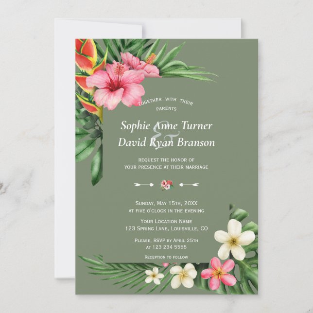 Invitation Lush Tropical Garden Flowers Sage Green Wedding (Devant)
