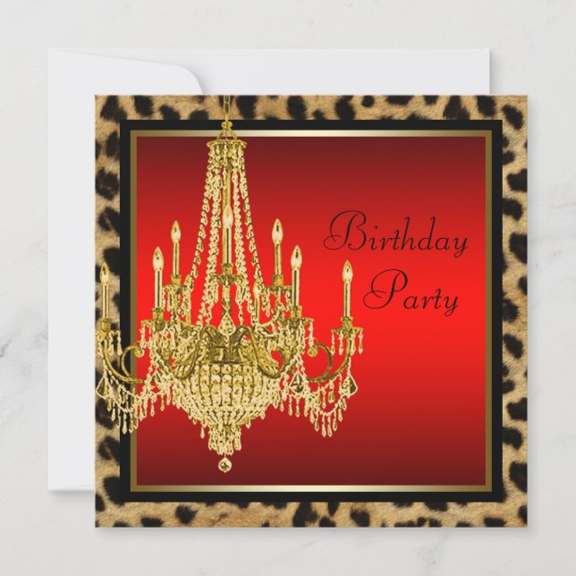 Invitation Lustre Anniversaire Noir Rouge Léopard Or (Devant)