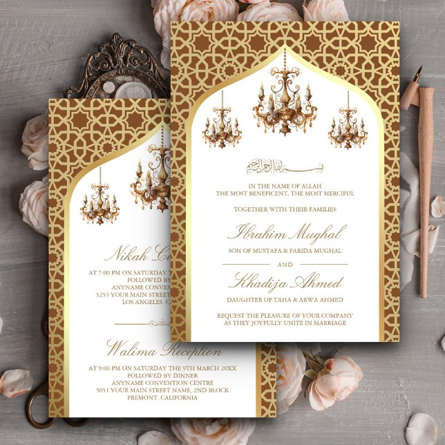 Invitation Lustre Antique Brun Doré Mariage Musulman (Créateur téléchargé)