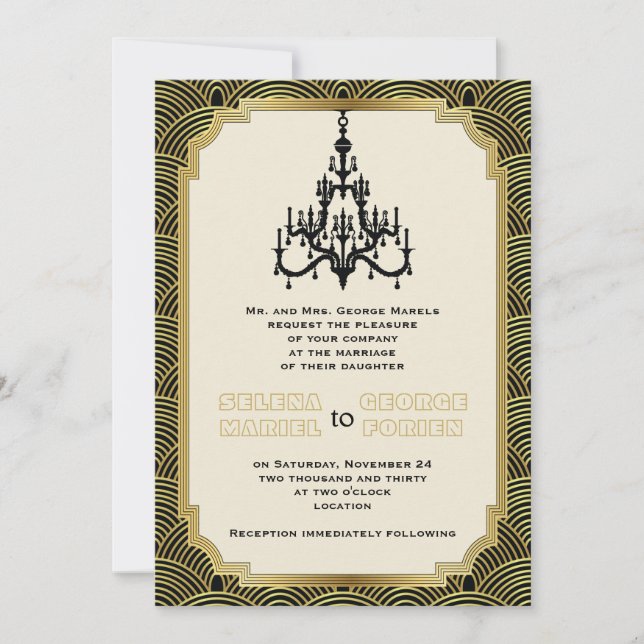 Invitation Lustre Art Déco noir, mariage seigaiha or (Devant)