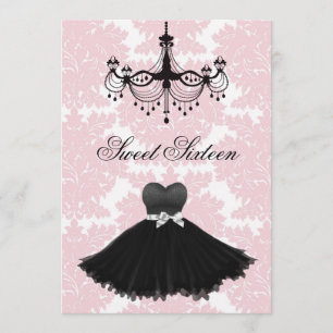 Invitation Lustre damassé noir rose pour Sweet Sixteen Annive