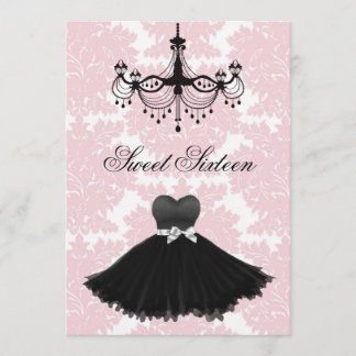 Invitation Lustre damassé noir rose pour Sweet Sixteen Annive