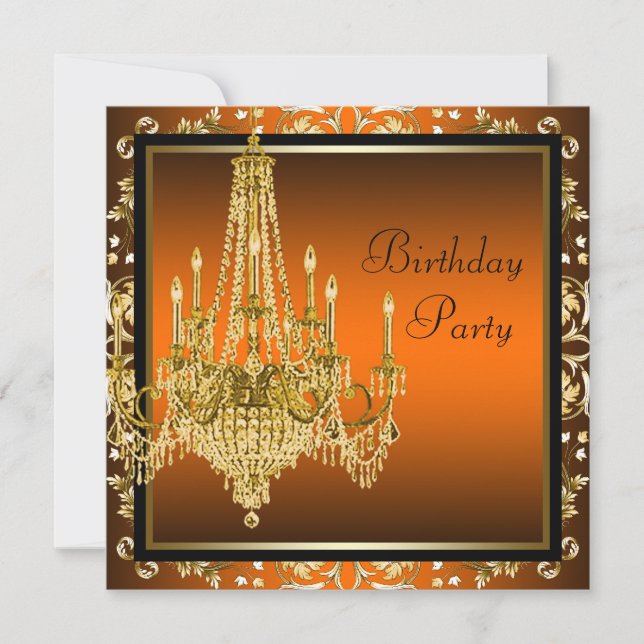 Invitation Lustre Damassé Or Noir Orange pour Fête d'Annivers (Devant)