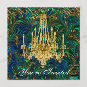 Invitation Lustre de fête vert émeraude, bleu royal et or