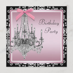 Invitation Lustre de mariage rose et noir à damas pour fête d