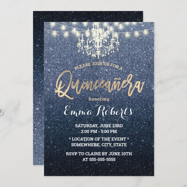 Invitation Lustre de Parties scintillant bleu Quinceanera Mod (Devant / Derrière)