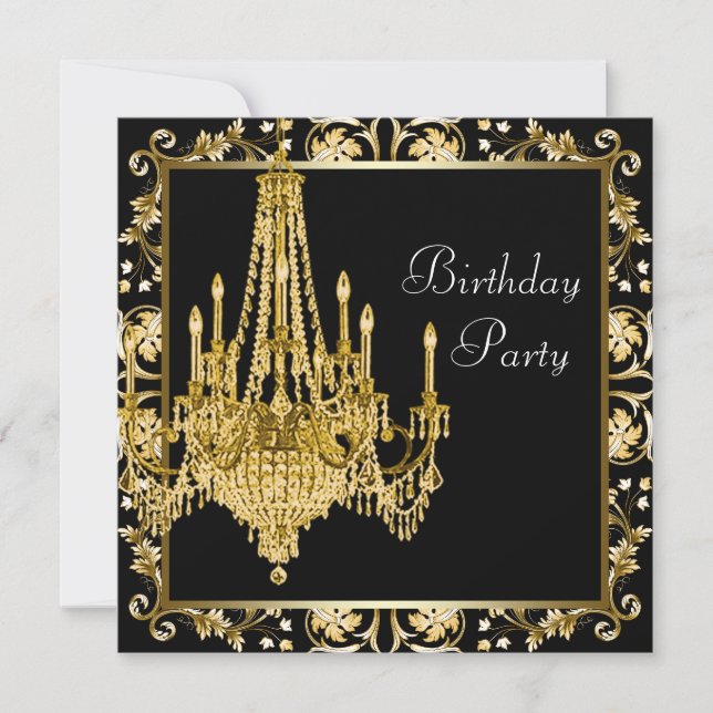Invitation Lustre en damas noir or pour fête d'anniversaire (Devant)