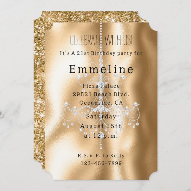 Invitation Lustre en diamants glam Gold Glitzy (Devant / Derrière)