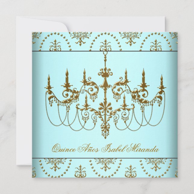 Invitation Lustre en or bleu turquoise Quinceanera (Devant)