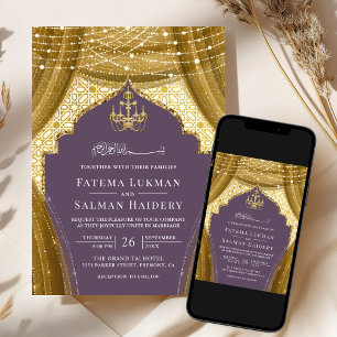 Invitation Lustre en or Rideau Souple Violet Mariage Musulman