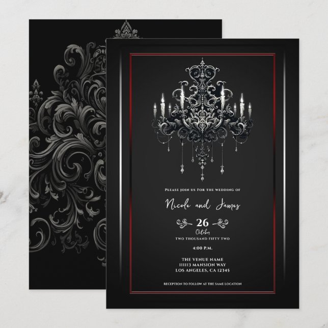 Invitation Lustre Épouvantable Gris Noir Rouge Mariage Gothiq (Devant / Derrière)