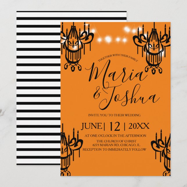 Invitation Lustre Halloween Mariage Orange Black Light (Devant / Derrière)