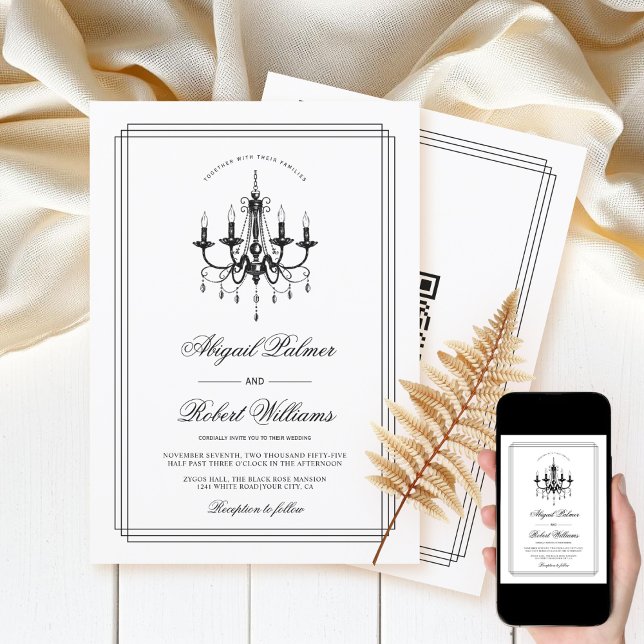 Invitation Lustre noir blanc QR code Vieux mariage argent (Créateur téléchargé)