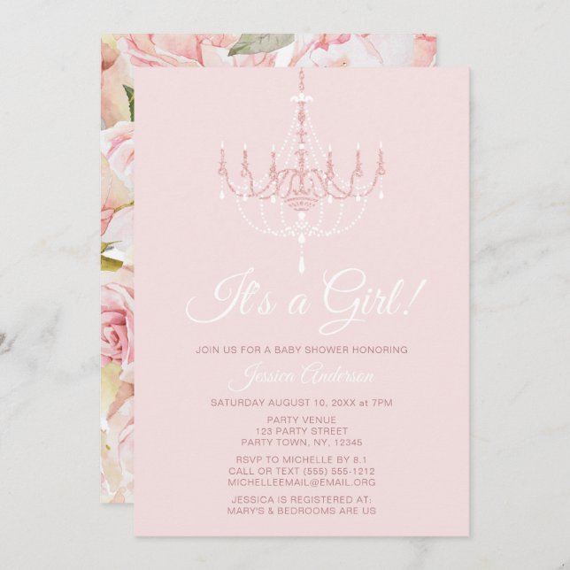 Invitation Lustre rose et blanc Baby shower Rose fleuri (Devant / Derrière)