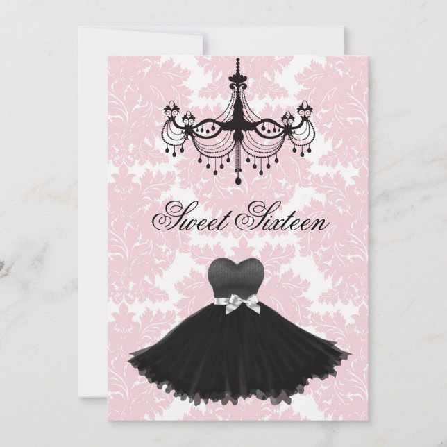 Invitation Lustre rose noir Damas Sweet sixteen Birthda (Devant)