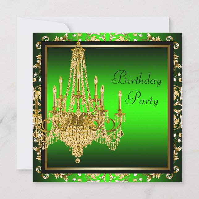 Invitation Lustre Vert Citron Or Damassé Fête d'Anniversaire (Devant)