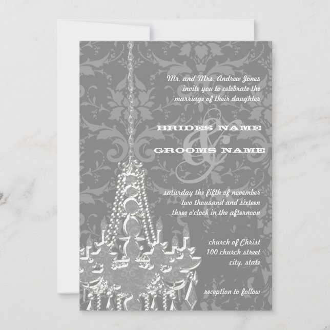 Invitation Lustres en argent et gris Mariage damassé Invitati (Devant)