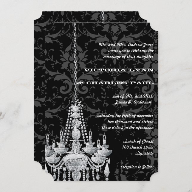 Invitation Lustres gris et argent Mariage damassé victorienne (Devant / Derrière)