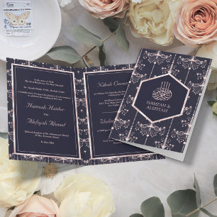 Invitation Lustres Rose Pâle Bleu Foncé Mariage Musulman