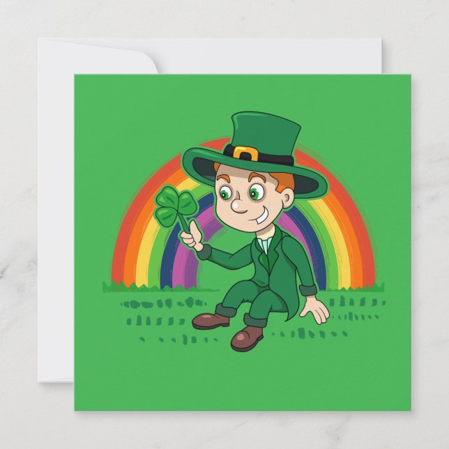 Invitation Lutin de dessin animé mignon avec trèfle et arc-en (Devant)