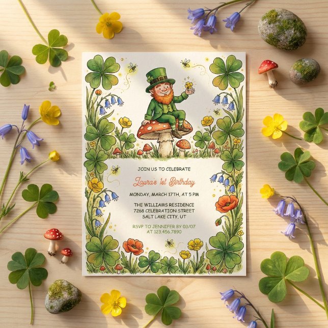 Invitation Lutin de la Saint-Patrick 1er Anniversaire Vert Tr (Watercolor St. Patrick's Day Themed 1st Birthday Invitation Card)