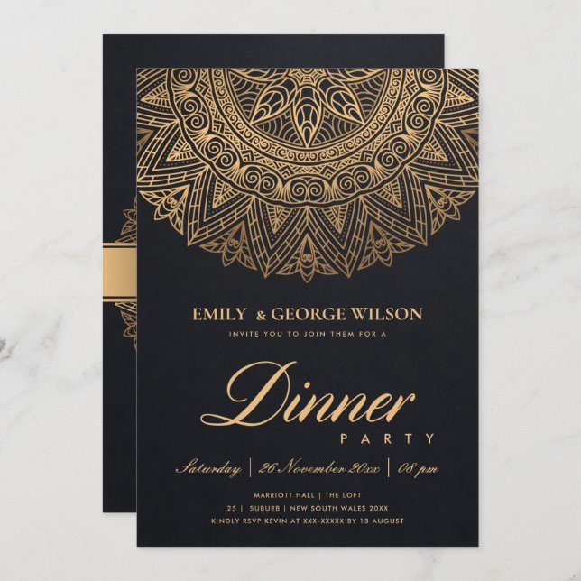 INVITATION LUX BLACK OR CLASSIQUE ORNATE MANDALA DÎNER PARTIE (Devant / Derrière)